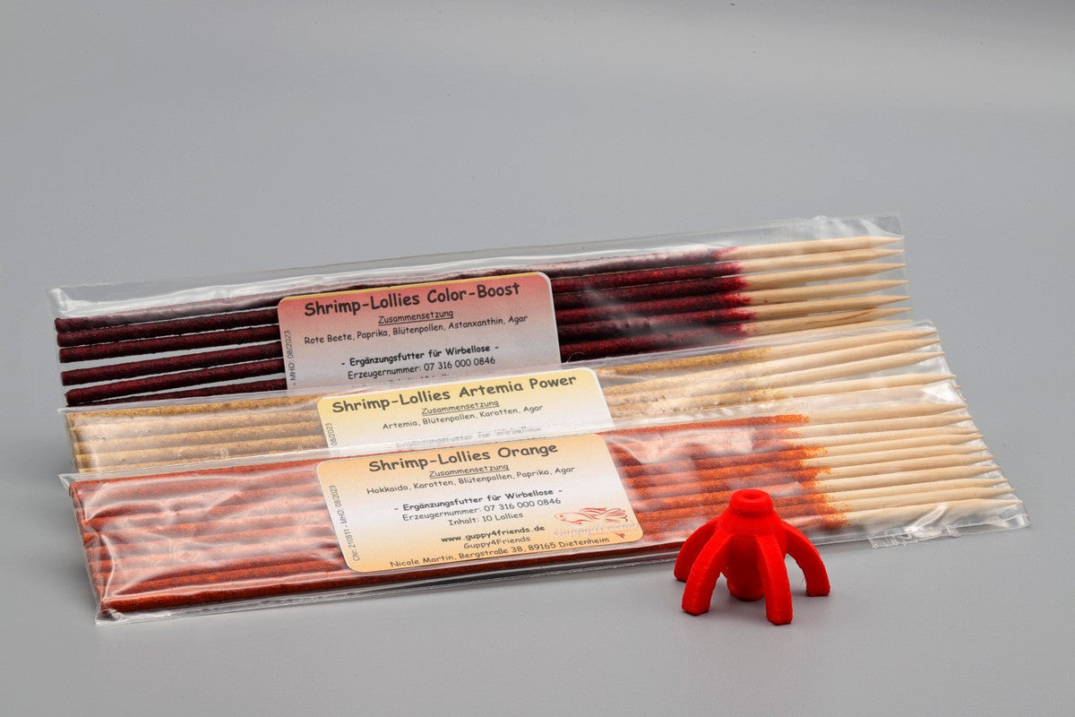 Shrimp-Lollies Paket Deluxe. 3 Sorten Shrimp Lollies. 30 Shrimp-Lollies + Gratis Lollyhalter. Lollyhalter Gratis im Shrimp-Lolly Mix. Shrimp Lolly Color-Boost. Shrimp Lolly Artemia Power. Shrimp Lolly Orange.