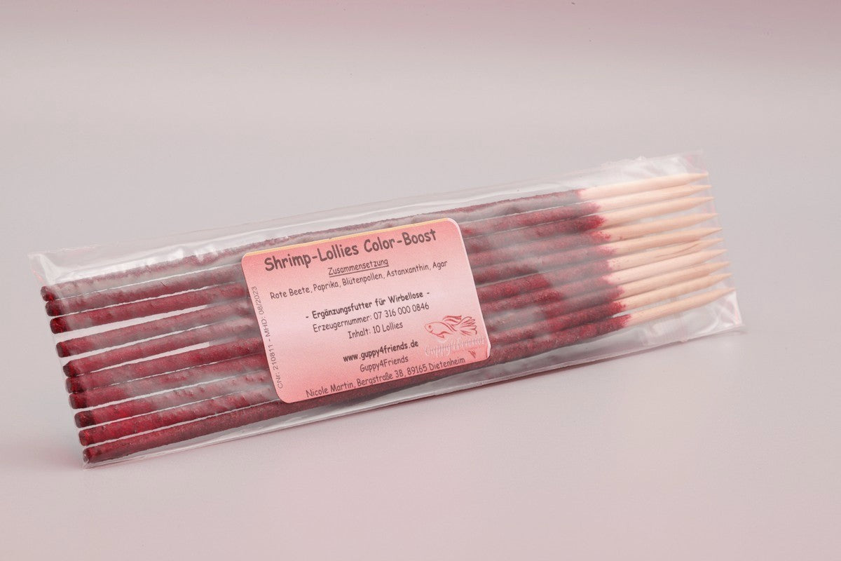 Shrimp Lollies Premium. Color Boost Garnelenfutter. Shrimp-Lollies. Shrimp Lolly für Zwerggarnelen. Knabberspaß für zwerggarnelen. Rote Beete, Paprika, Blütenpollen, Astaxanthin, Agar. Aquaristik