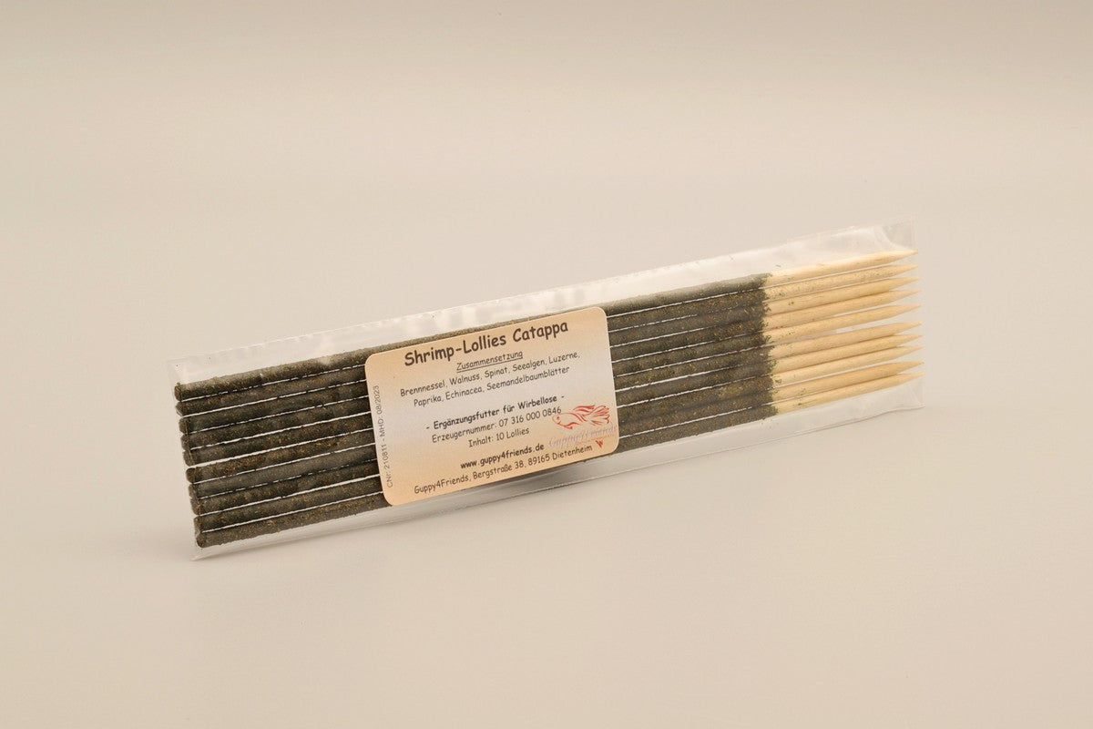 Shrimp Lollies Catappa. Shrimp-Lolly mit Brennnessel, Walnuss, Spinat, Seealgen, Luzerne. Shrimp-Lollies der Super Knabberspaß für zwerggarnelen.