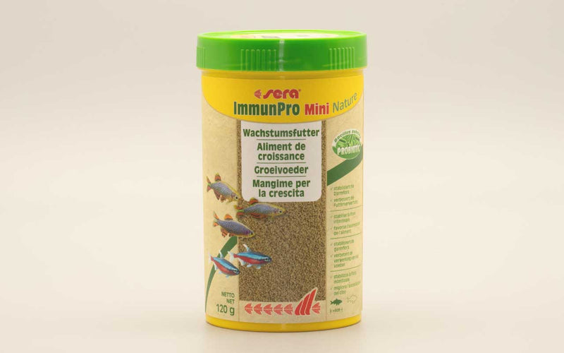 sera ImmunPro Mini Nature. Natürliche Zierfischernährung mit Probiotika. Enthält Darmflorastabilisator Bacillus subtilis. Trägt zu einer ausgewogenen Entwicklung und Gesundheit der Fische bei. Aufgrund der wachstumsfördernden Eigenschaften des Futters ist es hervorragend für die Zucht von Zierfischen geeignet.