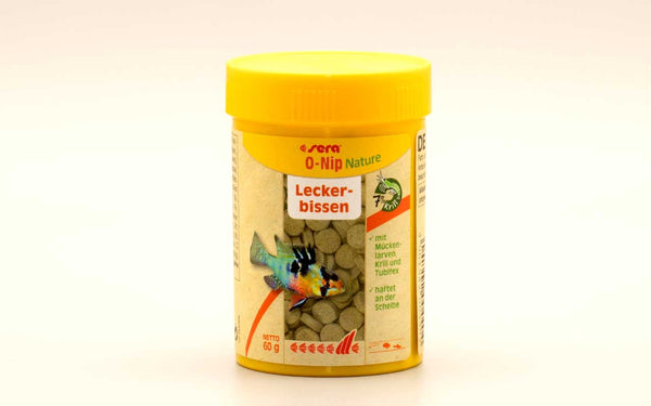 Sera-O-Nip-Leckerbissen-Hafttabletten-Hafttablette-mit-Mückenlarven-Krill-Tubifex-Sera-nature-Fischfutter-Tablettenfutter